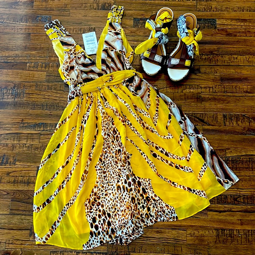 “NWT” 2b bebe Animal Printed Cami Dress/“BNWB” Miss Sixty T-Strap Scarf Wedges